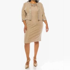 NWT Brianna Milay Textured Sheath Dress With Matching Jacket 14W Almond 29119